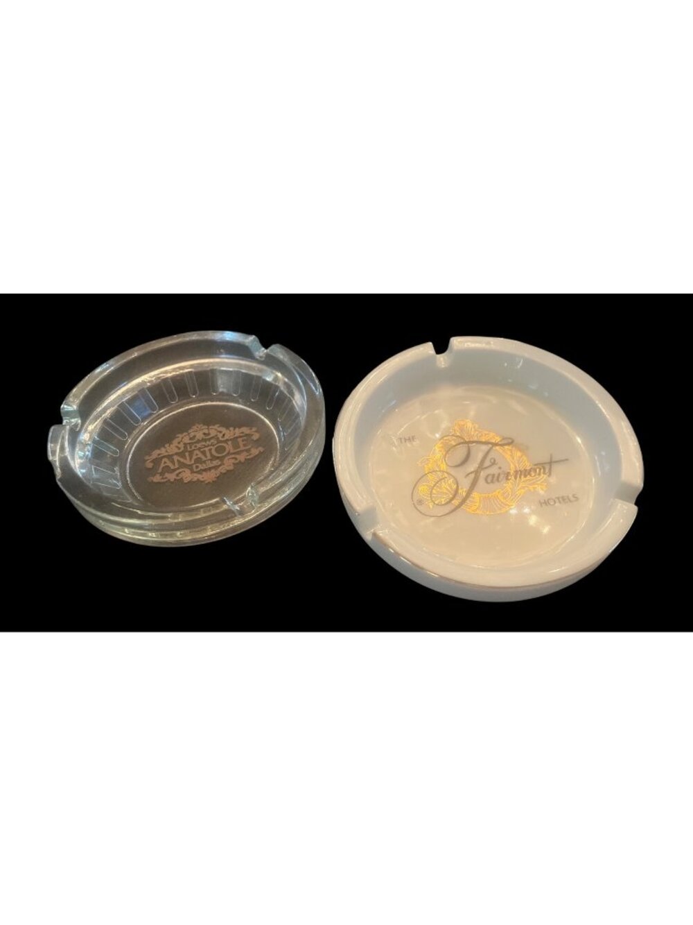 Vtg Fairmont & Loews Anatole Hotel Ashtray Set White Ceramic & Clear Glass Colle